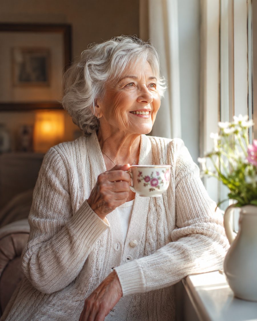 Dame âgée souriante, une tasse de thé à la main, près d’une fenêtre baignée de la lumière du matin.